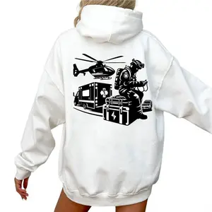 [Made in USA] EMS Paramedic Hoodie, Ambulance Helicopter Medic Graphic Pullover, First Responder Streetwear, Monochrome Rescue Back Print, EMS Week Gift For EMT Paramedic Men Women