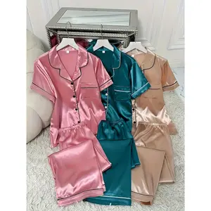 Women's 3 Sets Solid Satin Casual Pajama Set Short Sleeve Buttons Lapel Top & Pants Comfortable Relaxed Fit Loungewear Homewear Pjs Womenswear Nightwear Pink Gray Champagne