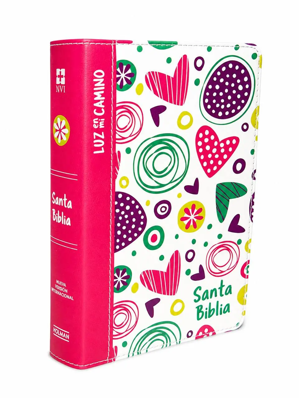 BIBLIA NVI Luz en mi camino, compacta letra grande 7.5 puntos, corazones, multicolor, simil piel