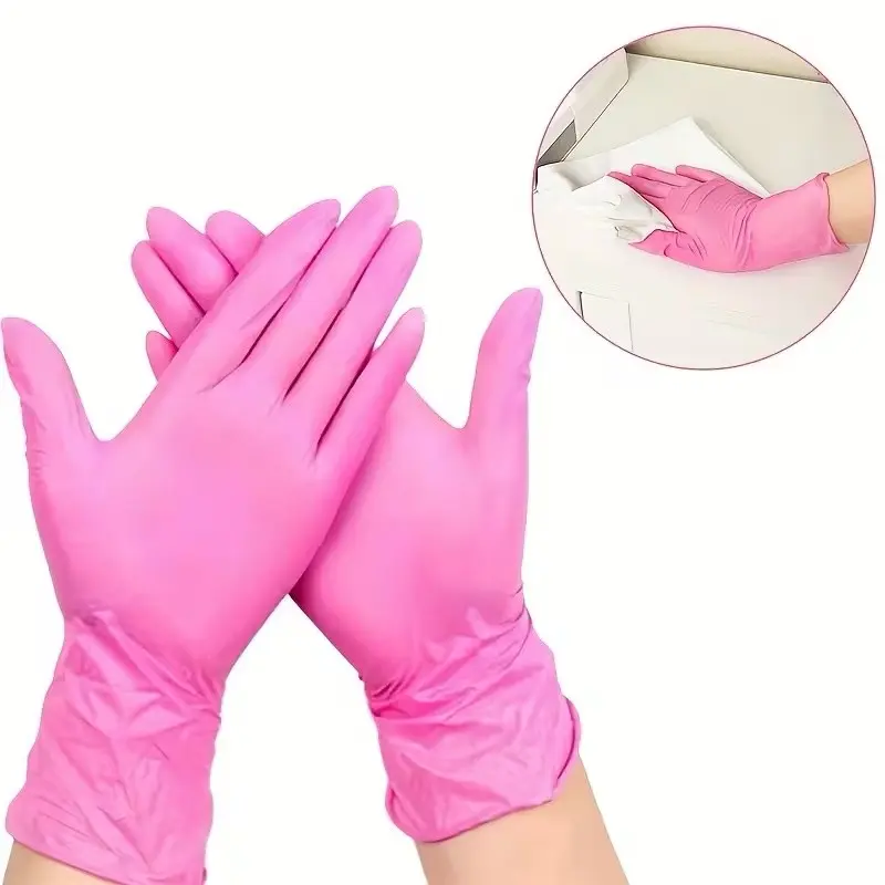 20/50/100pcs pink disposable nitrile gloves - Durable Cleaning Gloves, latex free, powder free, suitable for kitchen, cleaning, nail art, hairdressing, and tool use - available in XS/S/M/L sizes