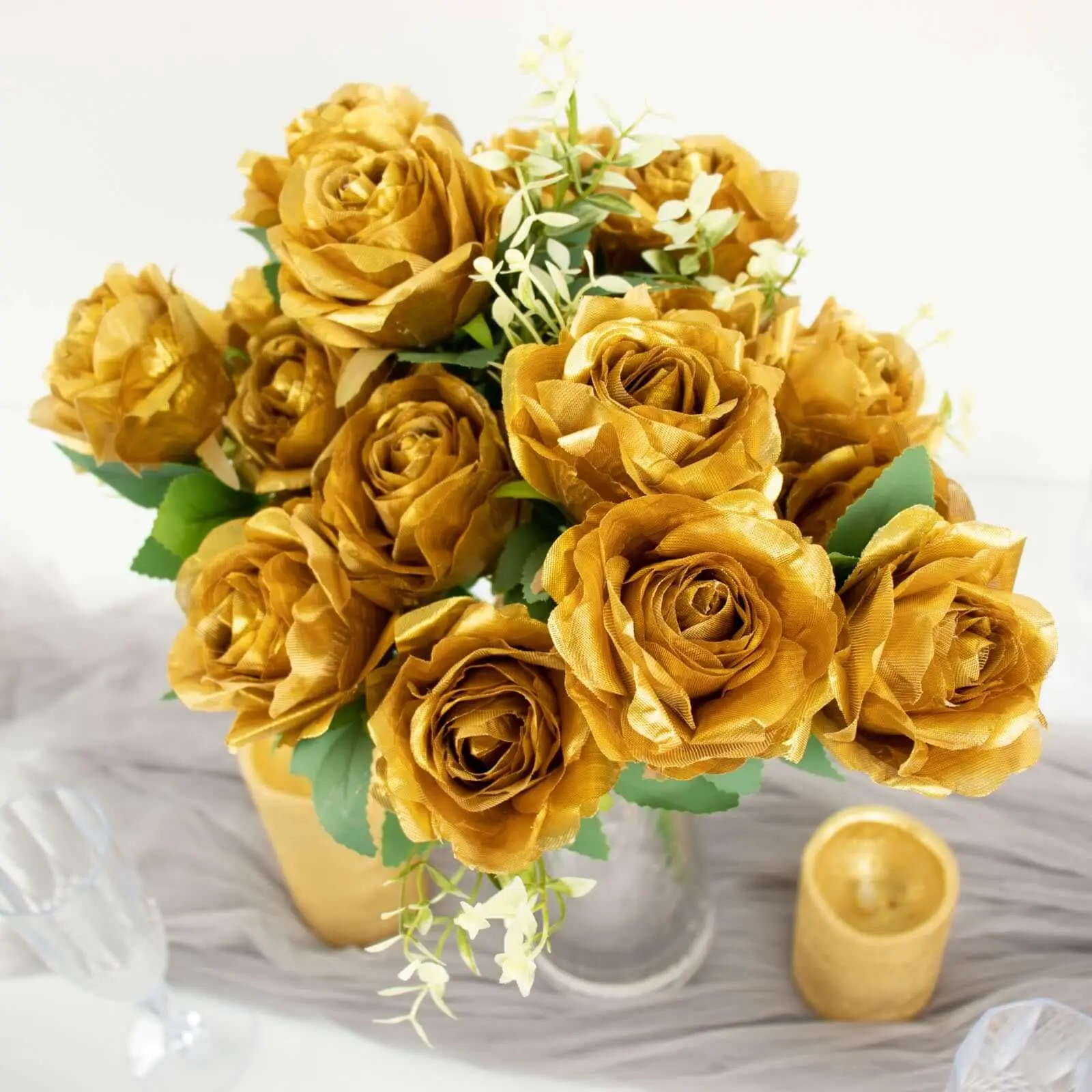18 in Decorative Gold Artificial Silk Rose Bouquets (2-Pack) - Real Touch Floral Decor, Faux Floral Artificial Flowers for Home Interior Styling, Event Decor, Artificial Roses Bouquet, Real‑Touch Silk