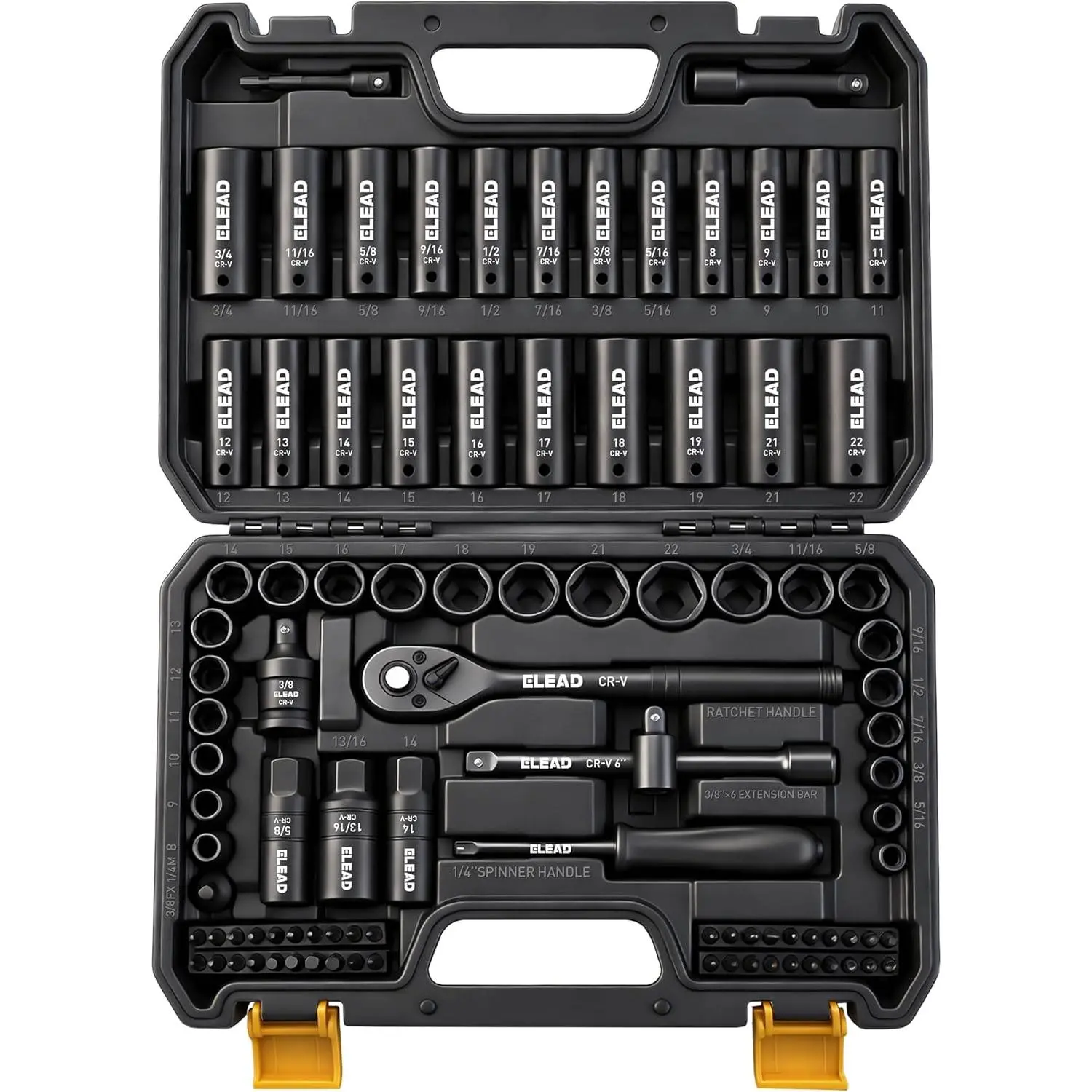 Cycling Mechanics 3/8"-Drive 96-Piece Impact Tool Kit - SAE (5/16-3/4 in), Metric (8-22 mm) Standard & Deep Components, Ratchet Handle, Bit Set, Universal Joint, Extension Bar, Adapters, Spark Plug Attachments