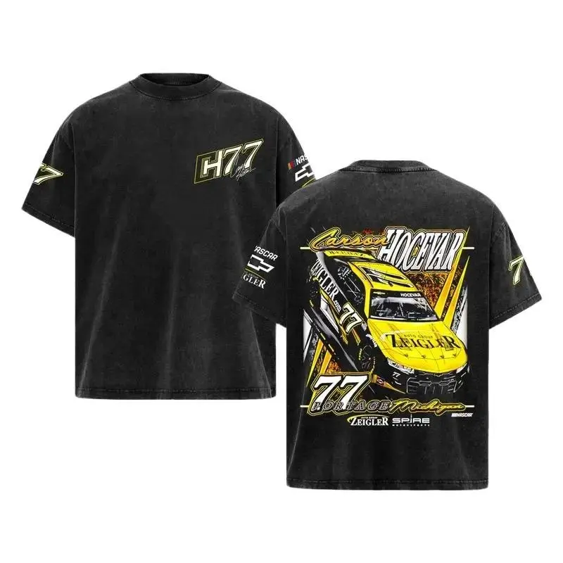 [Gamble.WW] Carson Hocevar #77 2025 Zeigler Team Chevrolet Camaro ZL1 Spire Motorsports 2025 Car Racing Acid Washed Heavyweight Cotton Graphic Tee Shirt Sport Racing Top Men Streetwear NASCAR Fan NASCAR Cup Series Enthusiast Apparel NASCAR All-Star Race