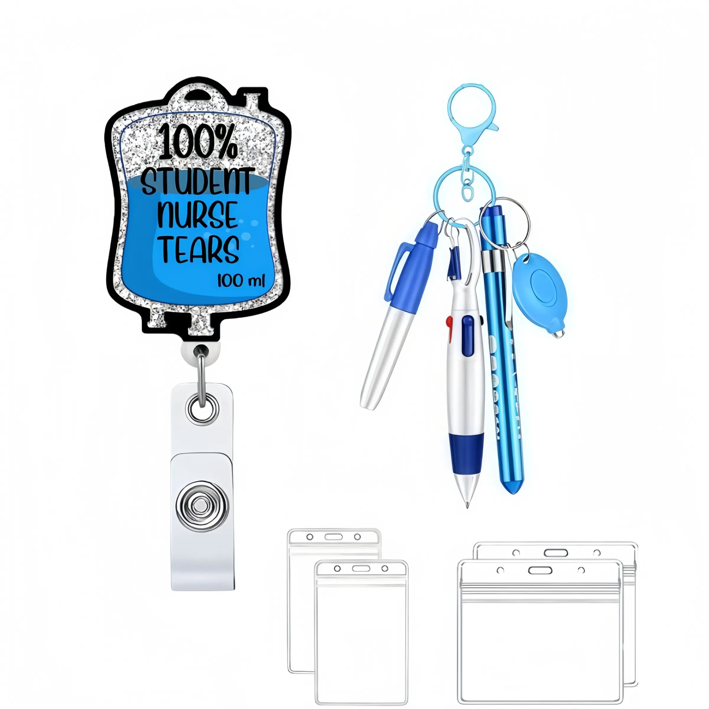 100% Student Nurse Tear Sparkle Badge, Nursing Student Badge Reel, Retractable Crocodile Clip, Waterproof Card Case, Includes Pen and Marker, Ideal for Nurses and Doctors