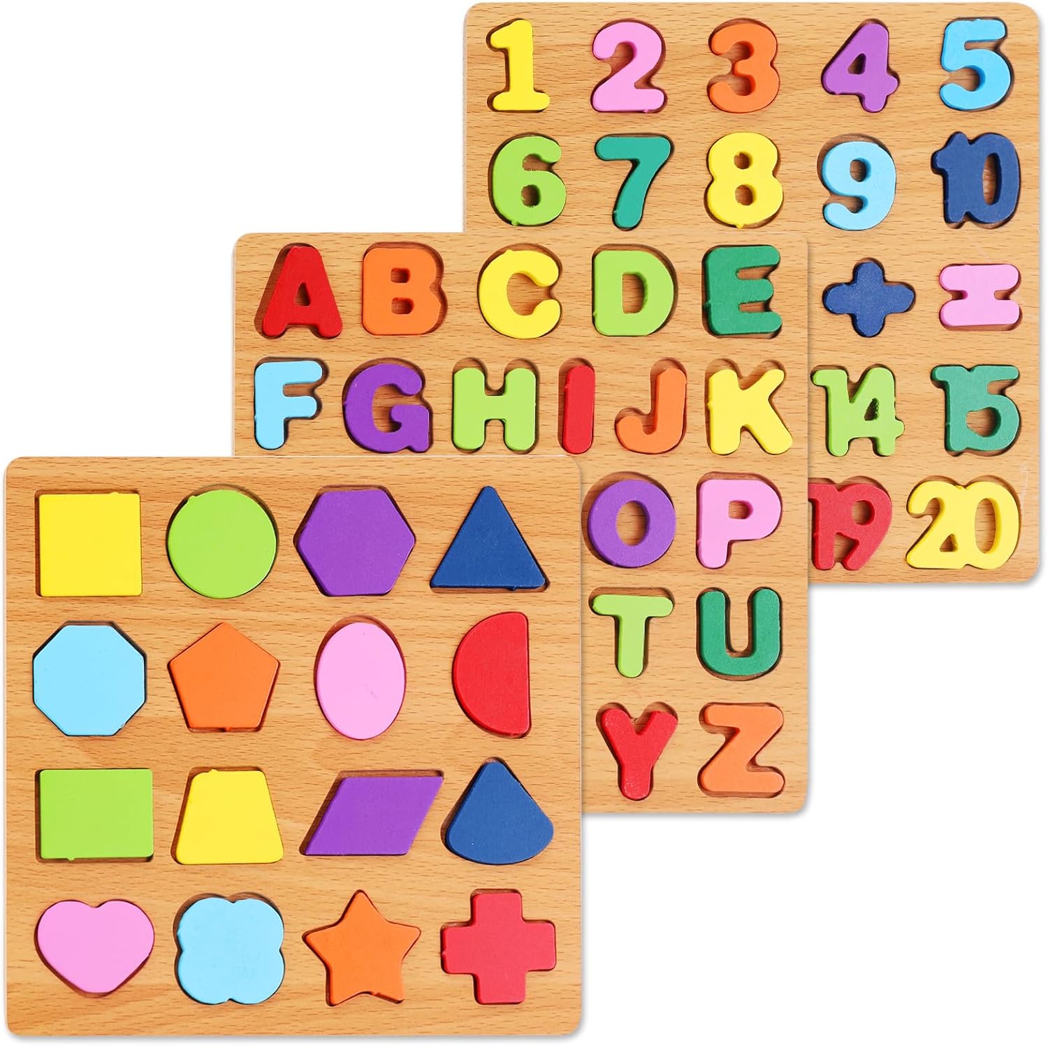3-Pack Wooden Alphabet Puzzle Set, Unisex Preschool Montessori Educational Toys for 3-5 Years Kids with ABC Letter, Number & Shape Learning, Kids Learning Materials for Boys & Girls