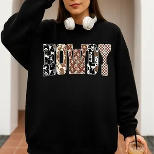 Howdy Western Ghost Sweatshirt – Spooky Cowboy Checkered Fall Letters Pullover, Rustic Halloween Crewneck, Made in USA