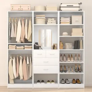 Cyclysio 75''W Closet System with Shoe Rack and Hanging Rods, Modern Walk-in Closet Organization Wardrobe with Wooden Drawers and Mirror and Shelves