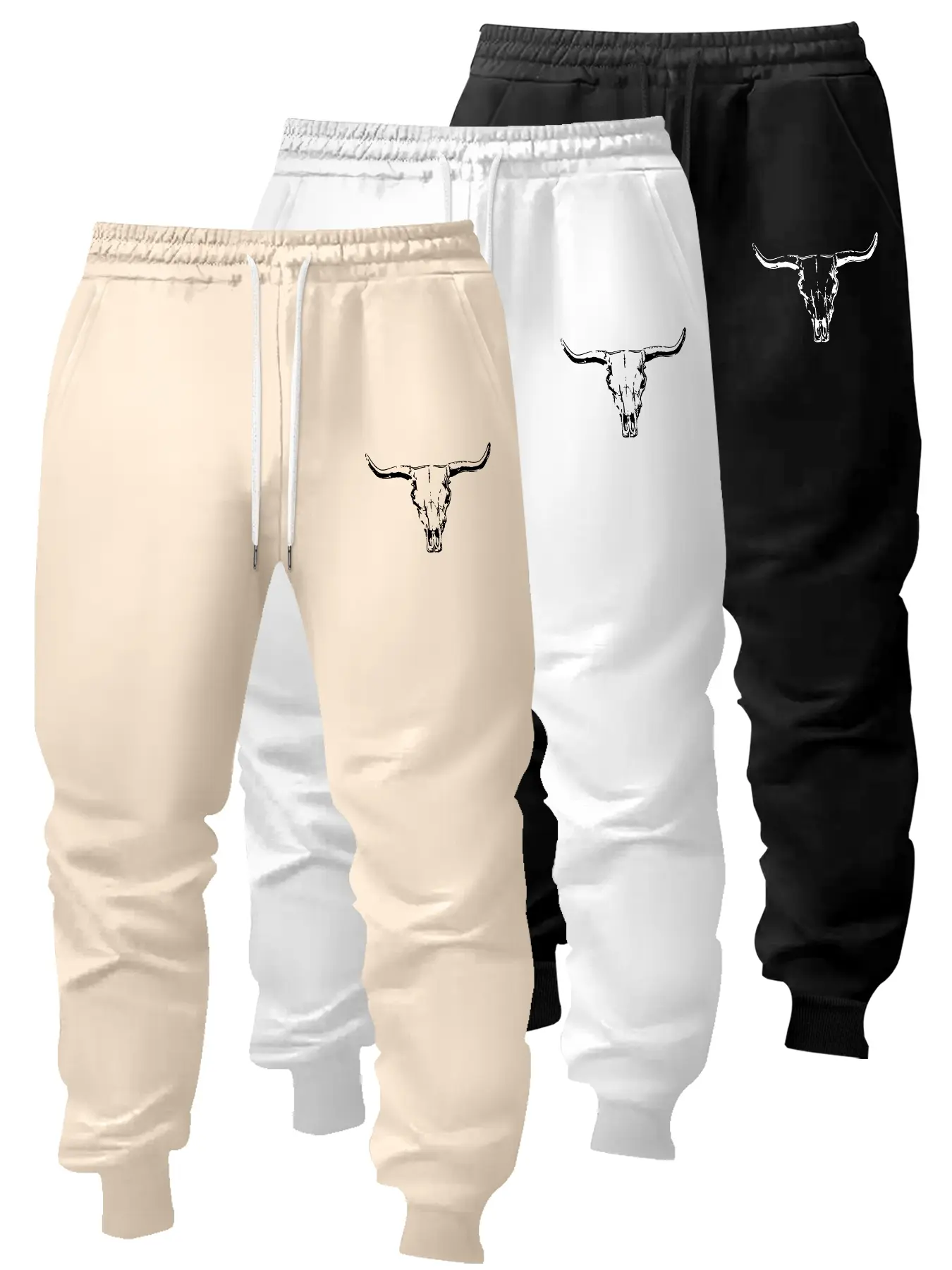 Men's Fall Winter Classic Cow Print Casual Pants Set, Drawstring Sport Jogger Pants, Outdoor Sports Pants, 3 Piece Set, Casual Sports Trousers, Athleisure Casual Bottoms
