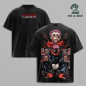 Yuji Itadori Tee Washed – Jujutsu Kaisen Culling Game Movie 2025 Vintage Oversized Heavy Cotton Double Printed Anime Manga T-Shirt, Retro Unisex Streetwear Graphic Top, Sukuna’s Vessel Awakening Edition