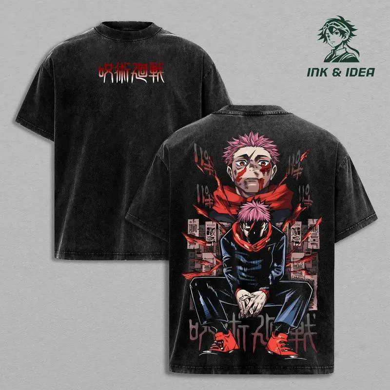 Yuji Itadori Tee Washed – Jujutsu Kaisen Culling Game Movie 2025 Vintage Oversized Heavy Cotton Double Printed Anime Manga T-Shirt, Retro Unisex Streetwear Graphic Top, Sukuna’s Vessel Awakening Edition