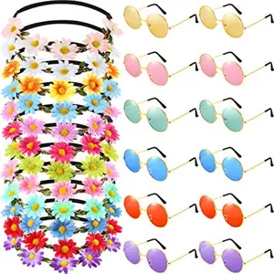 24 Pieces Hippie Headband Glass Costume Set 70s 60s Accessories for Women Includes 12 Flower Headbands Crowns 12 Round Groovy Sunglasses for Hippie Disco Halloween Party Supplies