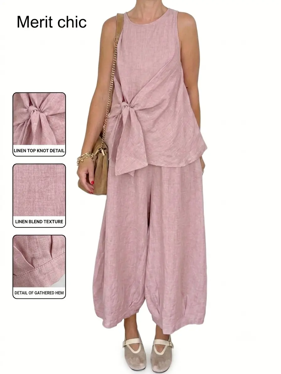 Women's Chic Elegance 2-Piece Linen Casual Clothing Set - Comfortable Sleeveless Tie-Front Top, Wide Leg Pants for Summer Lounge, Beachwear Travel Outfits (Style 2026)