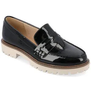 Journee Collection Women's Kenly Medium and Wide Width Slip On Round Toe Loafer Flats, Patent/Black 11W