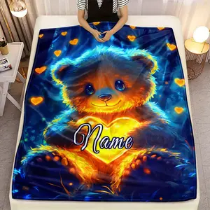 Personalized Glowing Teddy Bear Print Throw Blanket, Custom Name Magical Heart Themed Cozy Blanket, Soft Fluffy Lightweight Blanket for All Seasons, Anti-Pilling Washable Decorative Blanket