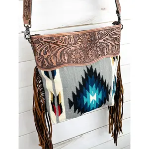 Grey & Blue Diamond Wool Leather Tooled Fringe Handbag
