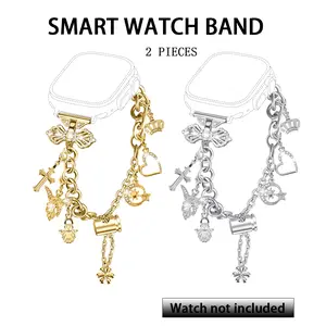 2 Pieces Stylish Wristband Compatible with Apple Watch Bands 38mm 40mm 41mm 42mm 44mm 45mm 46mm 49mm, Replacement Strap with Unique Pendants for iWatch Series 10 9 8 7 6 5 4 3 2 1 SE Steel Metal Chain Charms for Women