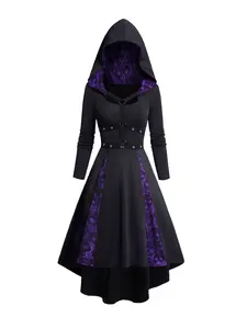 2025 Women's Gothic Dress Skull Lace Patchwork O Ring Grommet Decor Hooded Dress Contrast Long Sleeve High Low Halloween Dress