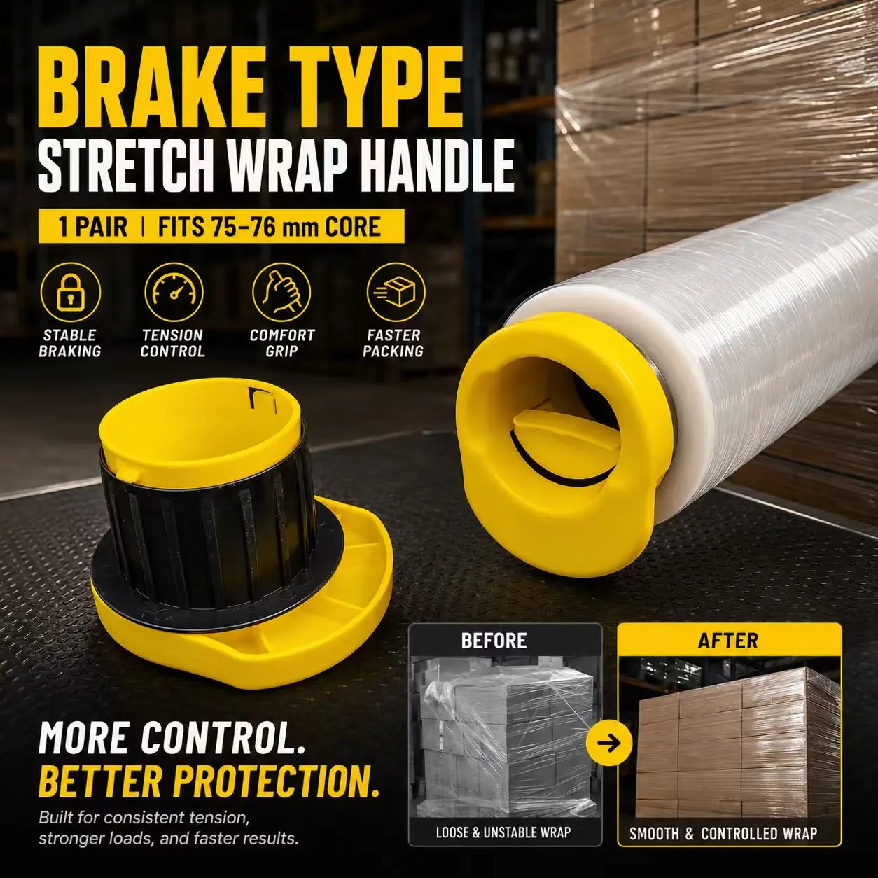 Stretch Wrap Dispenser Handles with Brake, 3 Inch Core Stretch Film Holder, Adjustable Tension Packing Tool for Moving, Shipping, Warehouse, Pallet & Furniture Wrapping