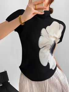 Women's Floral Print Turtleneck Tee, Elegant Short Sleeve T-shirt, Women's Casual Clothing for Daily Wear, Ladies' Tops Valentine's Day, gift, Casual Fashion Comfy