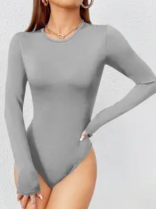 This is a gray-toned, crew neck, long-sleeve bodysuit. It's suitable for Casual everyday workwear and can be layered as an inner piece or paired directly with pants Womenswear