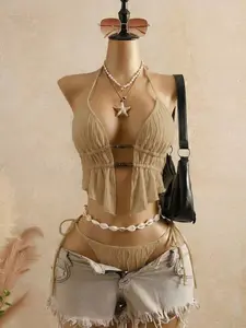 Bellisia Textured Knit Beaded Stone Camisole Bikini Top | Boho Fringe Beach Set | Summer Vacation & Festival Wear