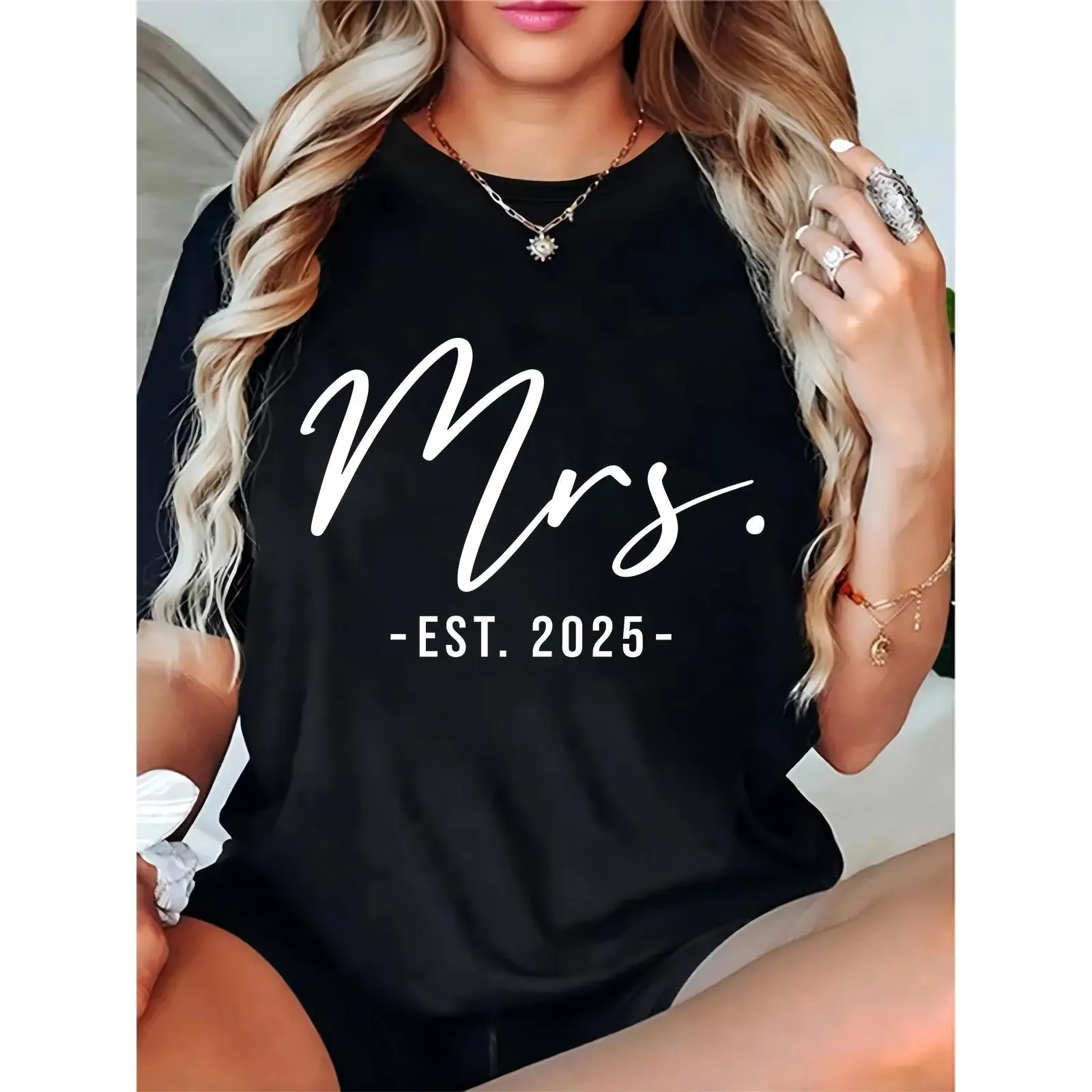 Women's "Mrs. EST 2025" Graphic T-Shirt, Casual Short Sleeve 100% Cotton Basic Tee, Feminine Bridal Shower Gift for Newlyweds, Ladies, Comfortable, Prints, Day, Round Neck, Essential, Simple, Elegant, Fit, Regular Fit