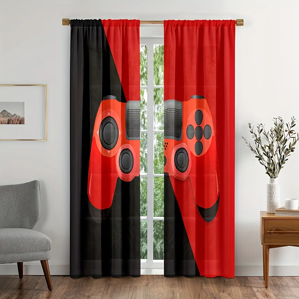 1Set/2pcs Game Controller Window Treatments Printing Pattern Curtains, 100% Polyester -  Fashion Colorful Gamepad Pattern Bedroom, Game Room Decorative - Rod Pocket, Fabric Is A Bit Thin 90-100g-Black Red