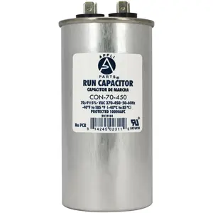 Appli Parts Run Capacitor for ac 70 Mfd uF (microfarads) 370 VAC or 450 VAC CBB65 Round Universal fit for hvac and other applications 4-3/4 in High 2 in Wide CON-70-450