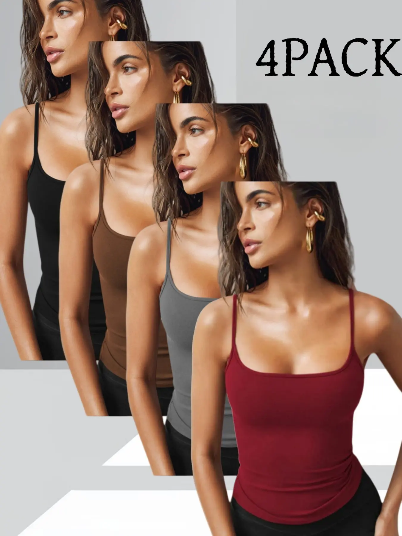 Sexy Basic Chic Strapless Tank Top, Stretchy Fitted U-Neck Design, Multiple Colors Available, Everyday Wear Four-Piece Set