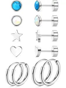 12 Pcs Titanium Earrings Sensitive Ears Titanium Earrings Zircon Heart-shaped Opal G23 Pure Titanium Hypoallergenic Cartilage Earrings Female Flat Back Earrings