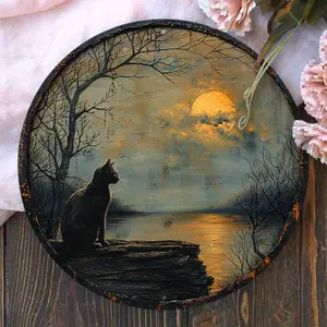 1pc 8x8inch Vintage Cat Silhouette Round Metal Wall Art, Aluminum, Waterproof and Weather Resistant with HD Printing - Decorative Sign for Home, Cafe, for Man Cave, Pre-drilled Circle Decor Ornaments Room Artistic Decoration