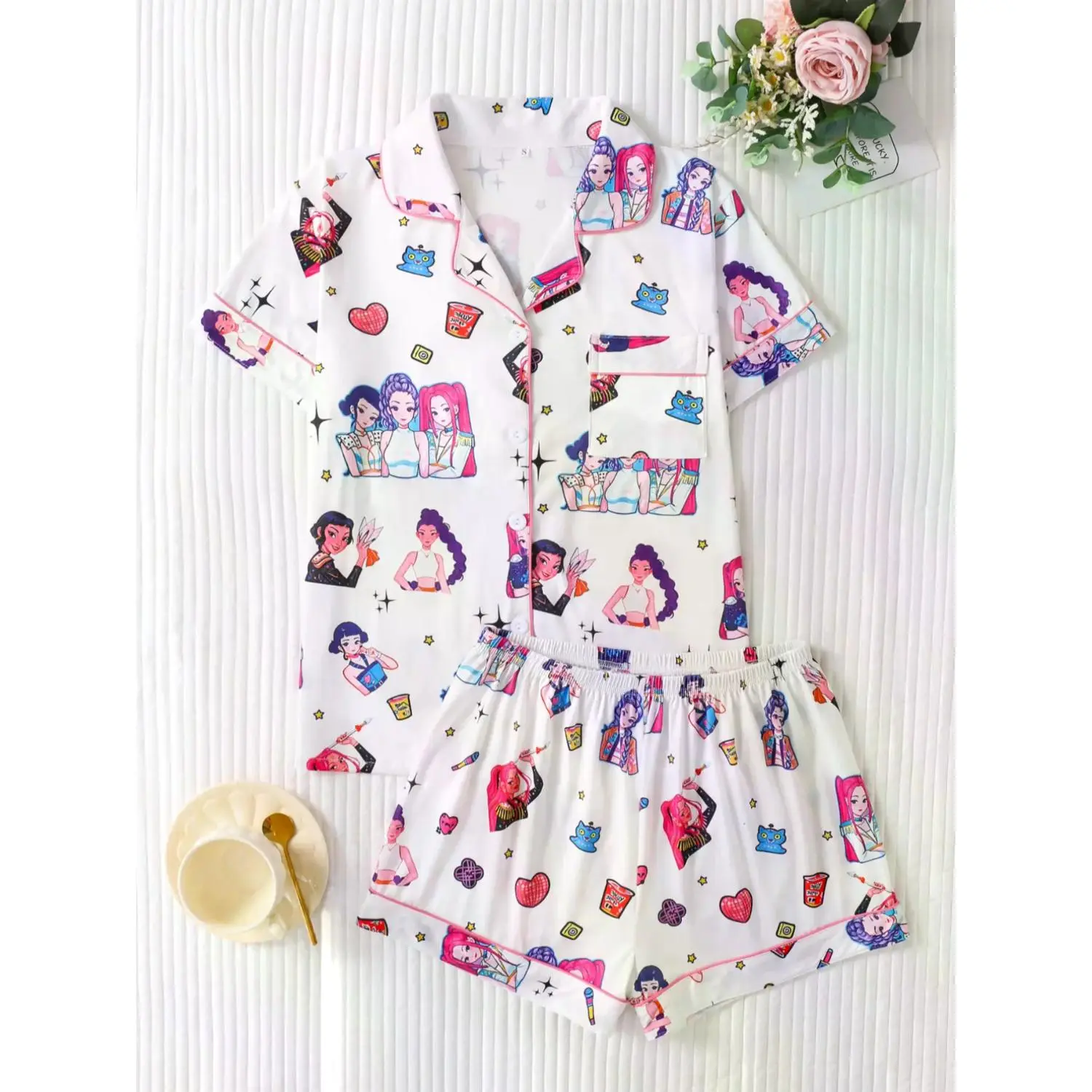 Women's Christmas Devil Print Pajama Set, Short Sleeve Lapel Button Top & Loose Fit Shorts, Stylish Knit Loungewear Party Sleepwear PJs