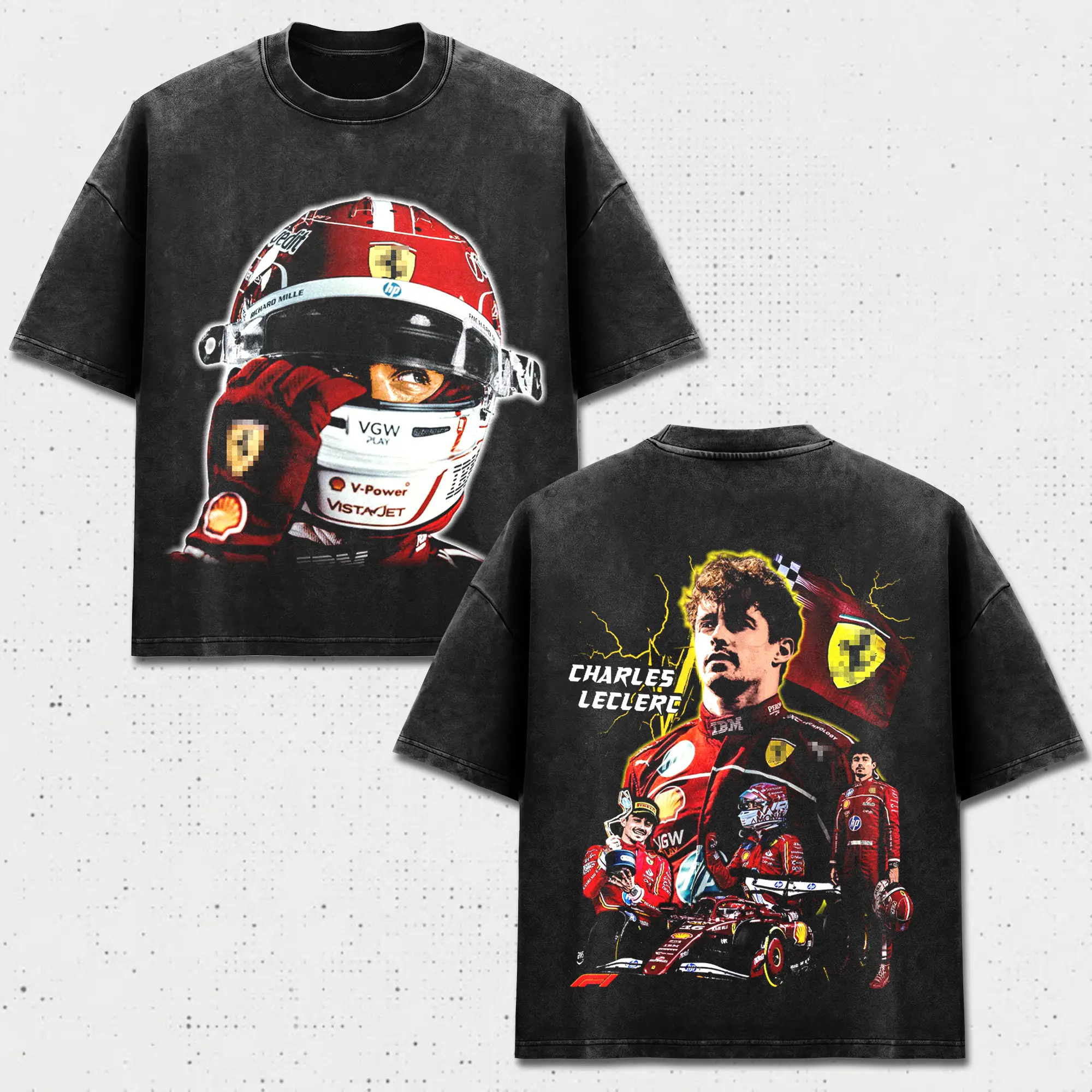 Charles Leclerc 16 T-Shirt Acid Washed, Scuderia F1 Racing Tee, Team SF Prancing Horse Merch, Red Car Motorsport Graphic Apparel, Retro 90s Bootleg Grand Prix Sports Shirt, United States Fan Wear, Men Women Heavyweight Oversized Black Acid Wash Clothing
