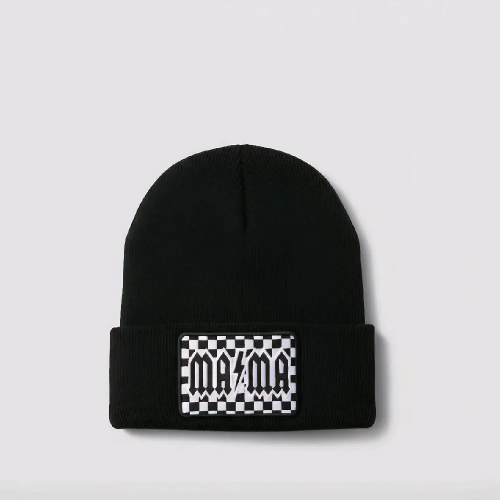 Black Beanie with Checkered MAMA Patch | Trendy Mom Beanie | Cute Mom Gift • Cool Mom Checkered Patch Beanie | Black Knit Hat | Mom Life Style