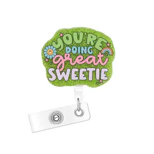 Acrylic Glitter Retractable Badge Reel, 1 Count/3 Counts Belt Clip Retractable Name Badge Holder for Nurse Doctor Student Worker Volunteer, Badge Reels Retractable