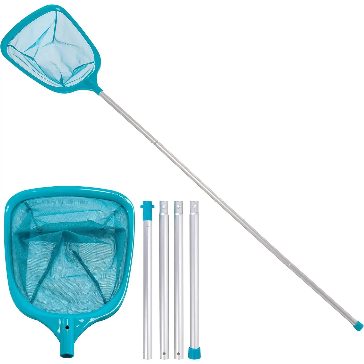 Swimming Pool 5 Foot Leaf Skimmer  with 4 Aluminum Pole Sections - 6" Deep Ultra Fine Mesh Netting Bag Basket for Fast Cleaning of The Finest Debris - 60" Long, Clean Spas, Ponds fish net