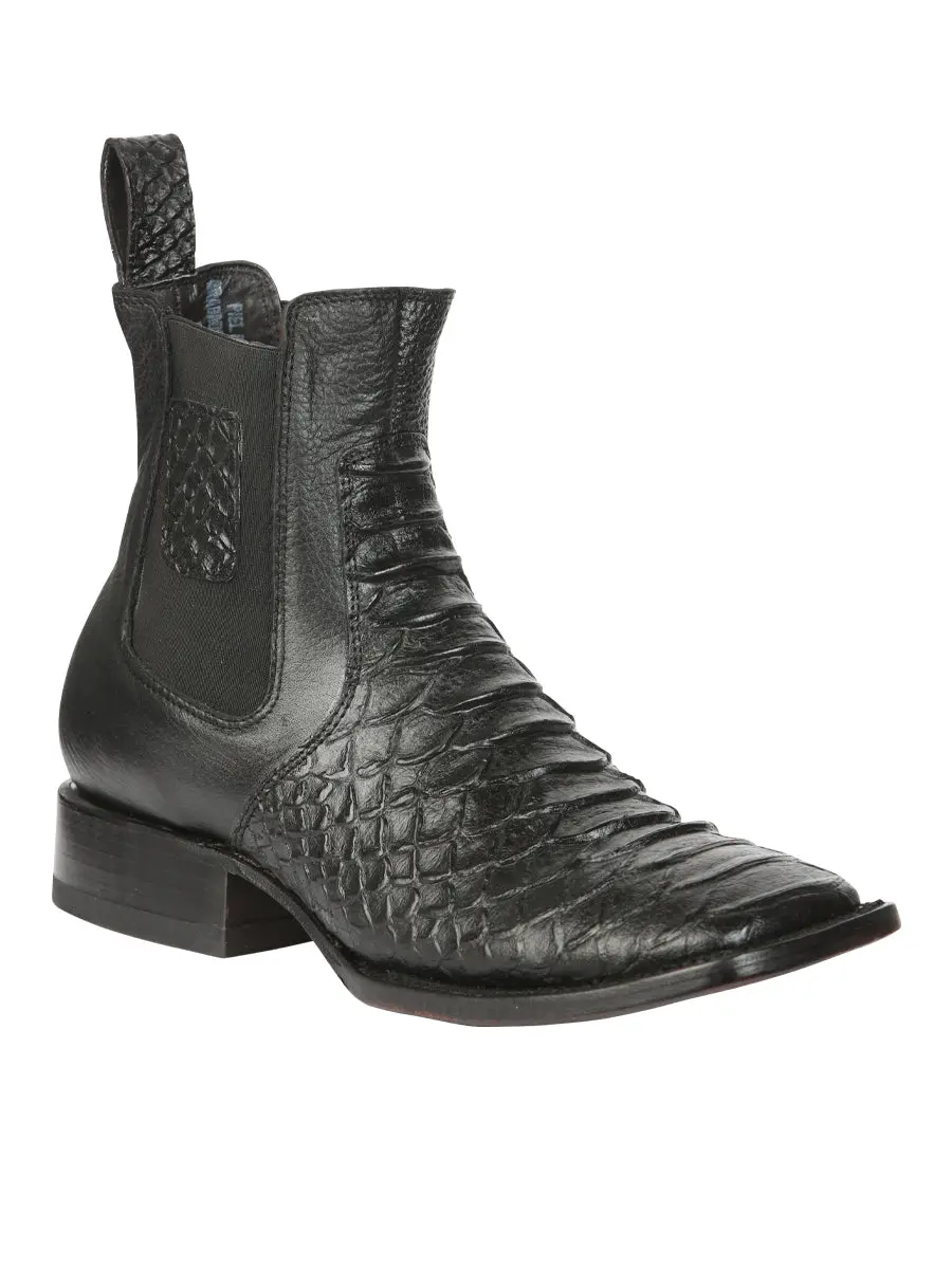 Men's Handcrafted Western Pull-On Cowboy Ankle Boots - Black Python Leather, Square Toe, Elastic Band, Pull Tab, Stacked Heel, Durable Leather Outsole Unique Design Footwear, Animal Print, Casual, Evening