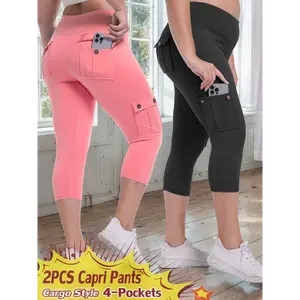 gym shorts 2pcs High Waist Yoga Capri Pants 2pcs Capri Pants Set, 4 Way Stretch Butt Lifting Tummy Control, 4 Button Pockets Workout Running Sports Pants