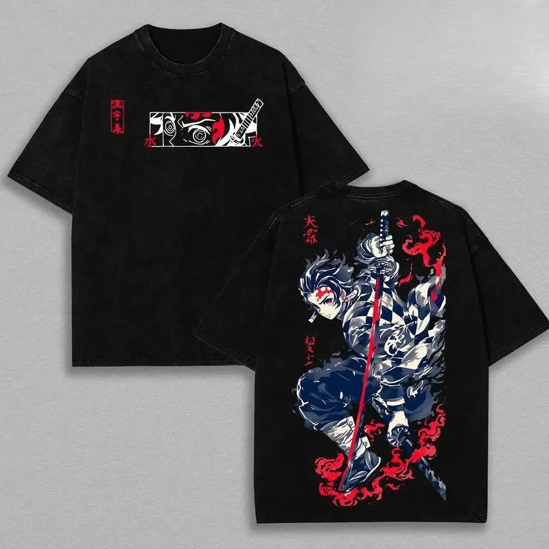 Men's Demon Slayer T-Shirt with Double-Sided Tanjiro Graphic, Vintage Oversized Streetwear Fit, Distressed Acid Wash Cotton, Round Neck, Shortsleeve, Playful Anime Street Style, Cotton Fabric, Casual Fit, Festive, Club