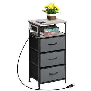 TOMMON End Table with 3 Drawers, 2-Tier Shelf, Fabric Small Dresser Organizer & Charging Station - Grey Industrial Nightstand Side Table for Bedroom