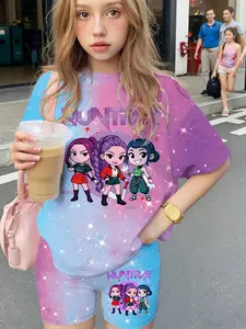 Summer Girls' Set Shoulder Drop Short Sleeve Yoga Pants Two Piece Set, Blue Starry K-Pop Cartoon Print, Casual for Daily Wear, Workout Sets