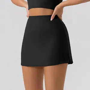 Women's Solid Color Leopard Stretch High Waist Straight Slit Mini Sports Skirt Short Skirt Breathable Anti-See-through Stretch  Pencil Mini Skirt