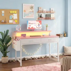 Pink Computer Desk with LED Light Strip, Height Adjustable Monitor Stand, 2 Fabric Drawers Side Storage Pocket, Ergonomic Rectangular Study Gaming Desk, Sturdy Floor Standing Home Office Table for Bedroom Dorm Girls Use