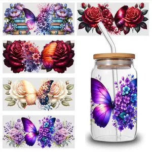 5 Sheets Butterfly Flowers UV DTF Stickers Self-Adhesive UV DTF Transfer Stickers - 5pcs for Glass Jars, Bottles, Cups - Permanent Decoration Suitable for DIY Crafts, Wine Bottles, Water Bottles, Tea Cups