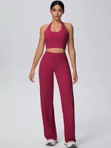 Women Sportswear Set Pure Color Tight-Fitting Halter Bra Slim Fit Loose Wide Leg Pants High Elasticity Yoga Suit Suitable for Running Yoga Clothes Set