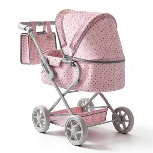 2-in-1 Convertible Doll Stroller with Removable Bassinet, Pink Polka Dot Toy Stroller for Toddlers, Fits 20" Dolls, Lightweight Foldable Pretend Play Stroller with Storage Basket & Bag