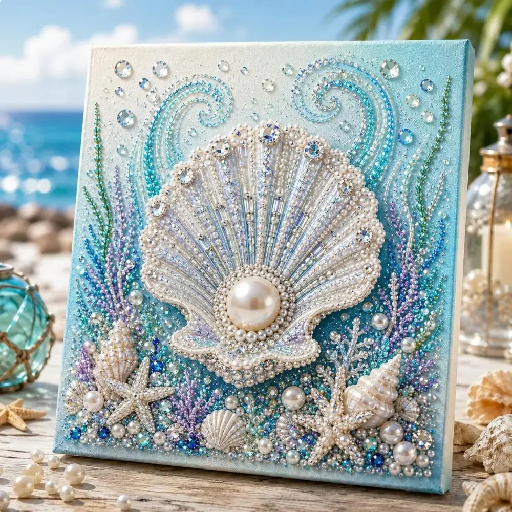Pearl Oyster Shell 20x20cm 3D Pearl Diamond Painting Kit,Pearl Oyster Shell Underwater Marine Life Special‑Shaped Pearl Drill Diamond Art,DIY Hand‑Mosaic Craft for Coastal Home Wall Ornament Gift