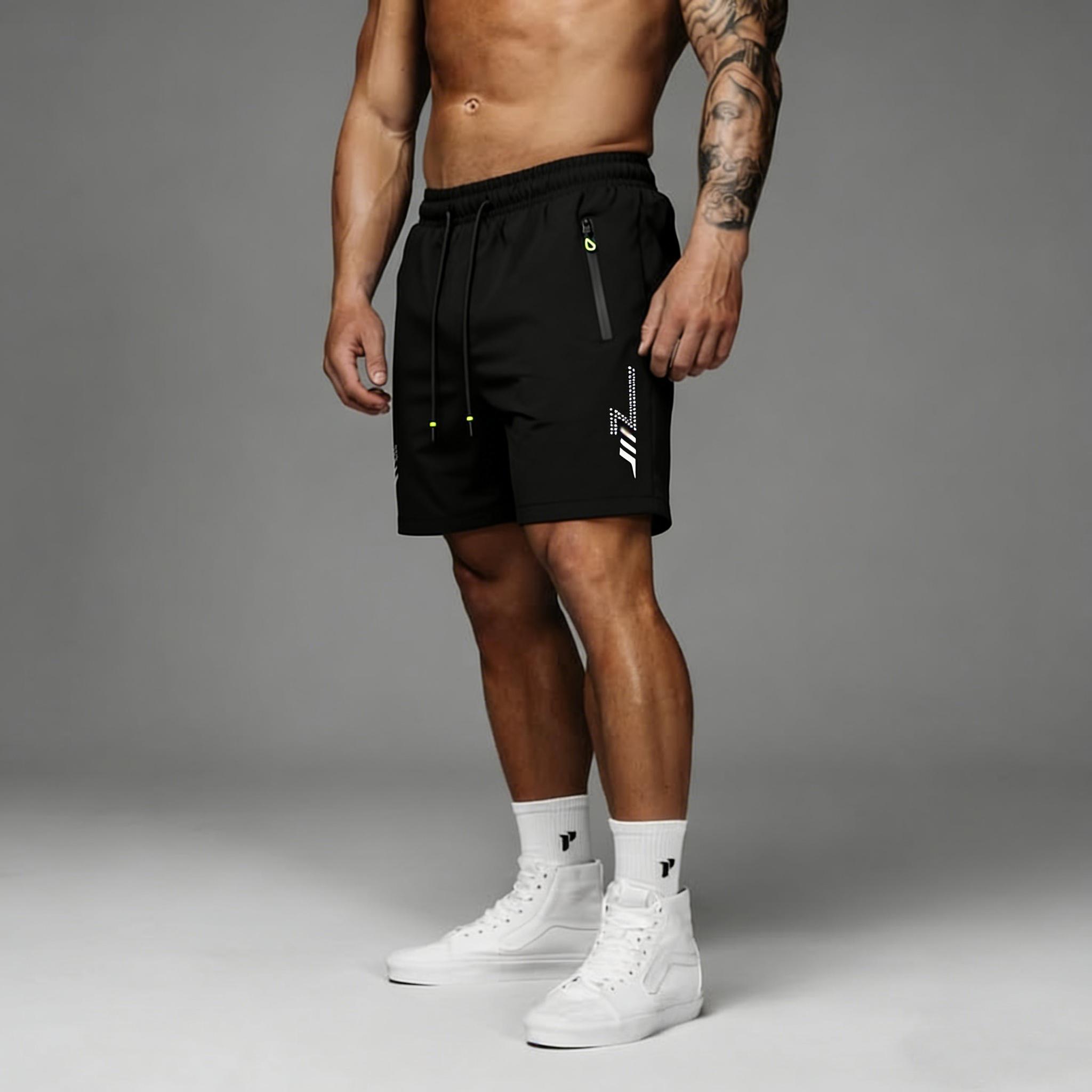 2-pack ice silk quick-dry shorts; men’s casual breathable shorts; men’s lightning print quick-dry shorts. Features an elastic waistband and drawstring design, zippered pockets, and a second-skin feel suitable for various sports activities.