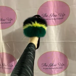 The Glow Up Juneteenth Cute Comfortable Fur Slides Green Black and Yellow Fashionable Slippers