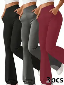 High-waisted yoga fitness wide-leg pants set for women | Elastic fabric sports flared pants, fashionable and casual three-piece set, fitness yoga flared pants, everyday plain-color casual wide-leg pants, women's clothing